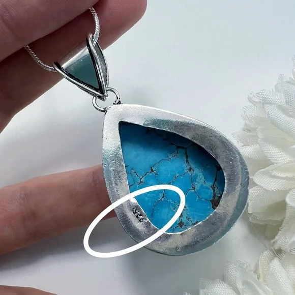 Turquoise Pendant Necklace Sterling Silver 925 Vintage Style Pear New - Picture 6 of 6